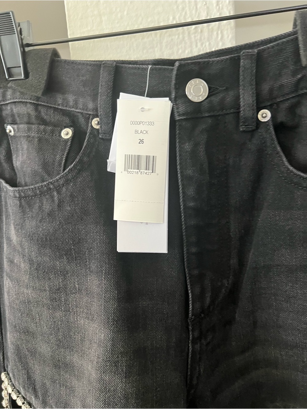AREA Black Straight-Leg Jeans with Crystal Thigh Slits. - Picture 3 of 9